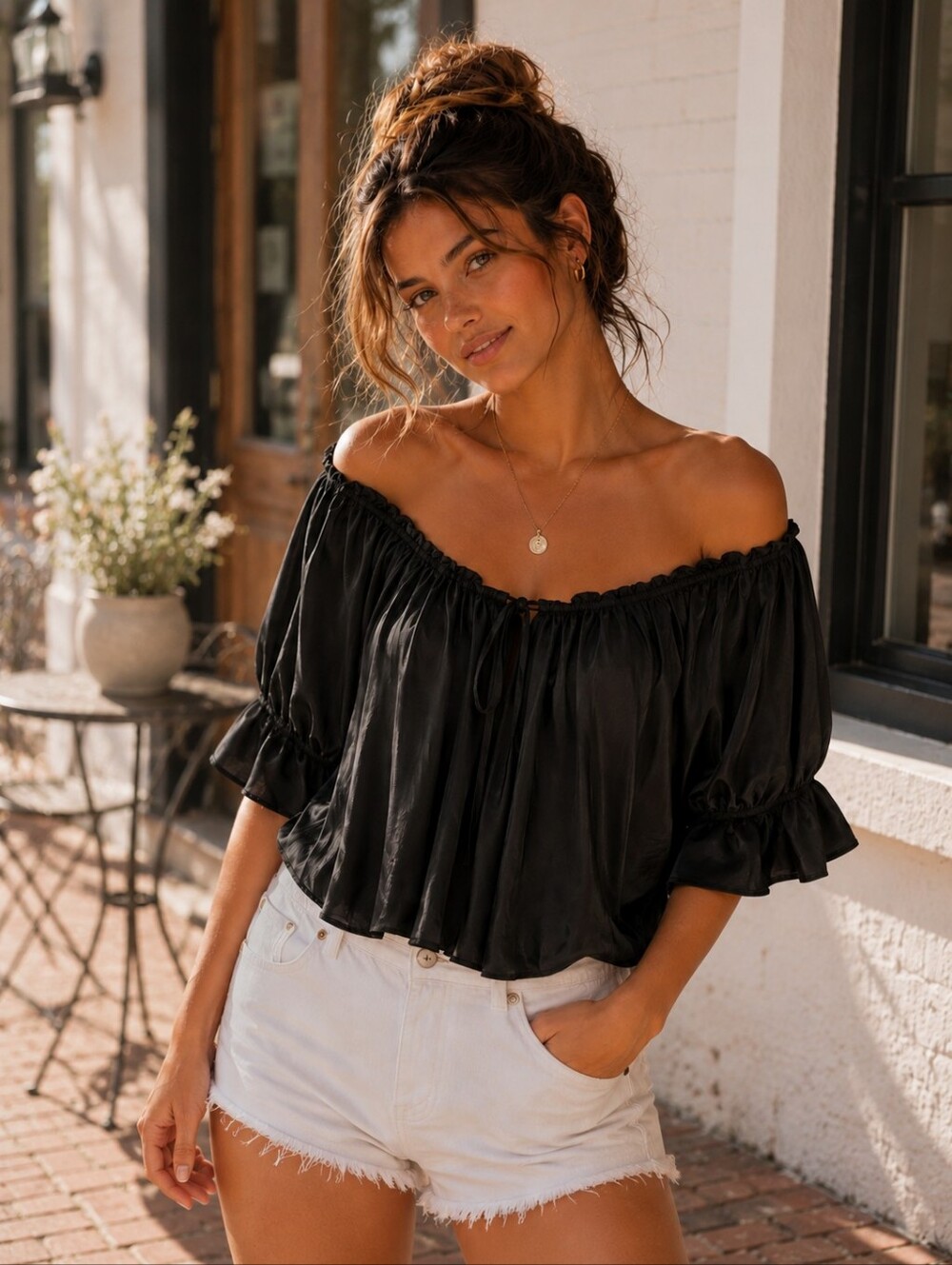 Black Boho Steampunk Off Shoulder Satin Blouse Puff Sleeve Flowy Top Women’s M